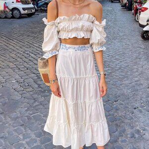 Jefferson Lane Ella Midi Skirt White Blue Size Medium NEW NWT